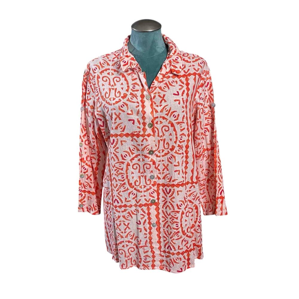 Toofan Linen Blend Button Up Tunic Top Size L Coral White Geometric Coastal Boho